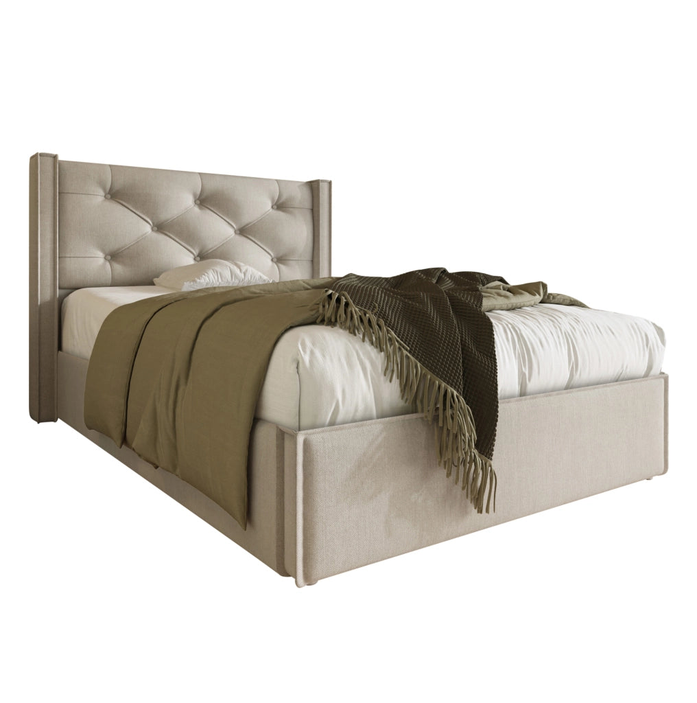 Letto singolo imbottito 90x200 cm con contenitore e rete sollevabile; grigio chiaro