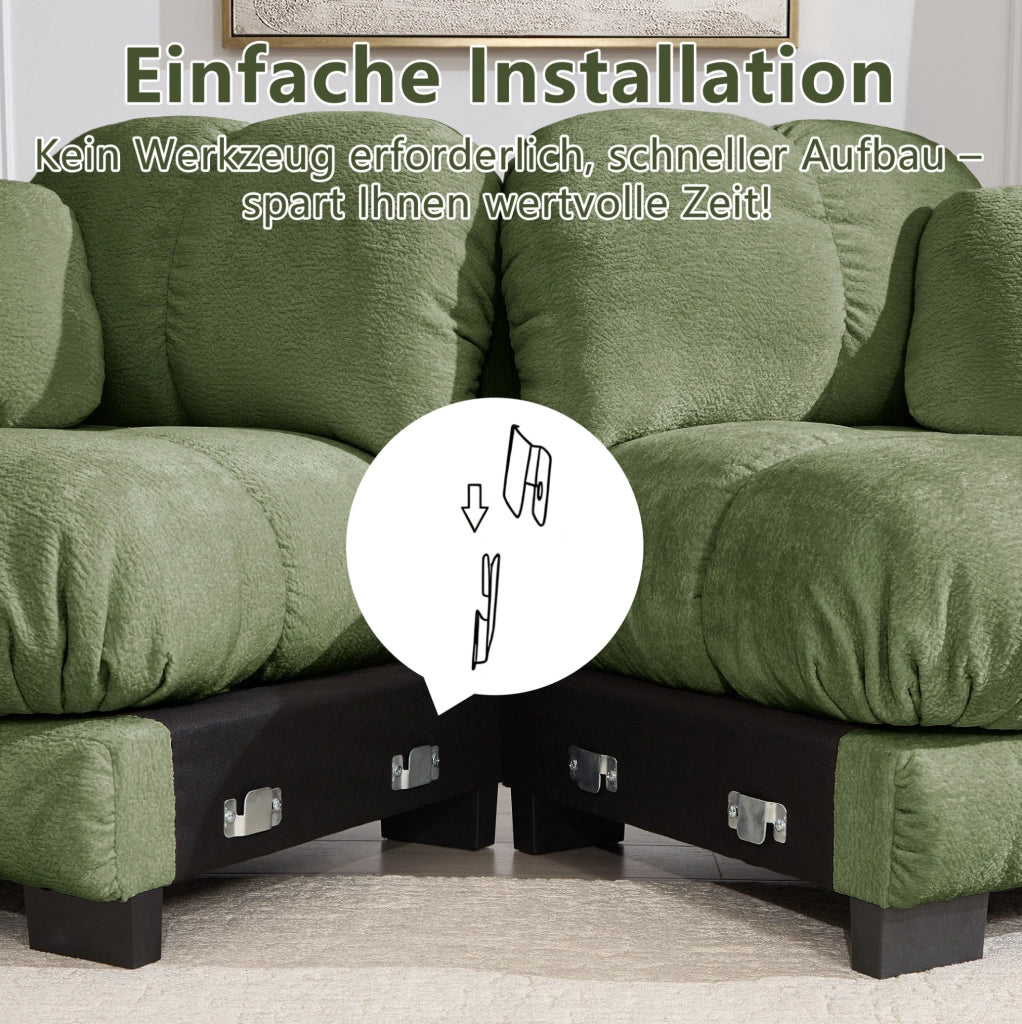 Divano angolare modulare a L in chenille verde con pouf mobile; 330x149x90 cm