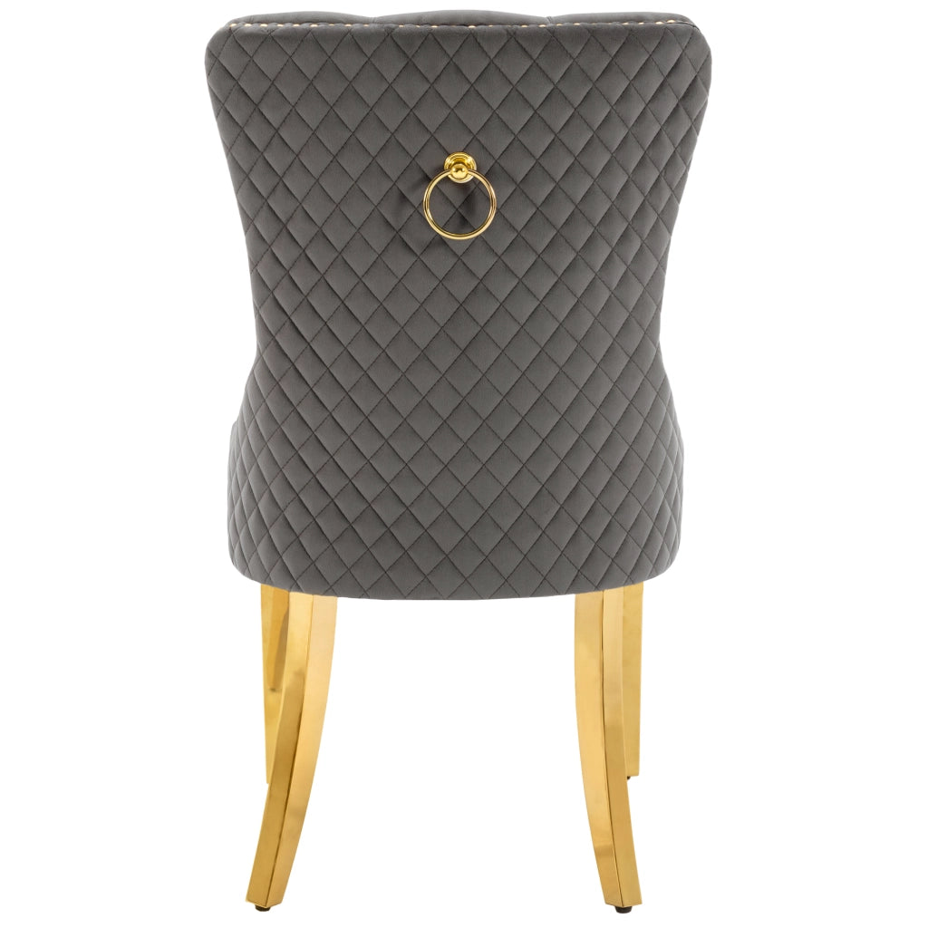 Set di 2 Sedie da Pranzo con Anello sullo Schienale e Borchie Decorative; per Cucina e Soggiorno; Velluto; Grigio