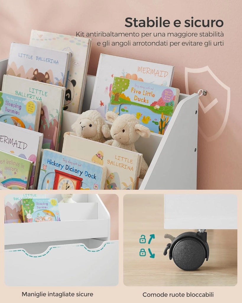 Scaffale per Giocattoli, Libreria per Bambini a 3 Scomparti, Contenitore Portagiochi Estraibile con Ruote, Multiuso, per Cameretta e Stanza dei Giochi, Bianco Nuvola GKR041W10