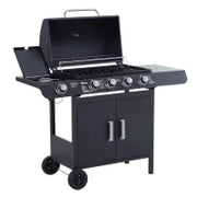 Barbecue a Gas a 5 Fornelli con Ripiani Laterali e Armadietto, in Acciaio e PP, 125x51x100 cm, Nero