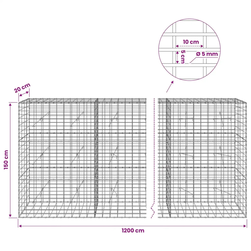 Gabione con Filo da 5 mm e Rete da 5x10 cm 1200x20x150 cm 3464586