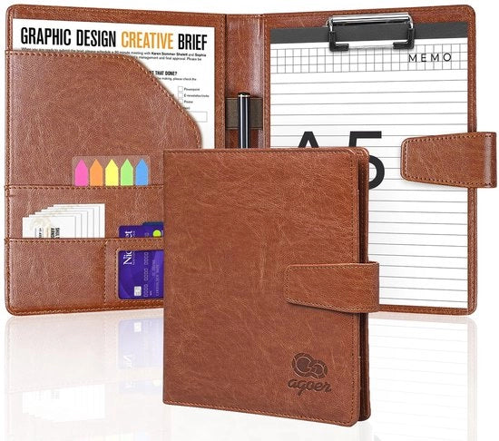 Cartellino A5 con clipboard, cartellino per appunti in pelle con chiusura magnetica, cartellino con clipboard inclusivo di un blocco note A5 e penna