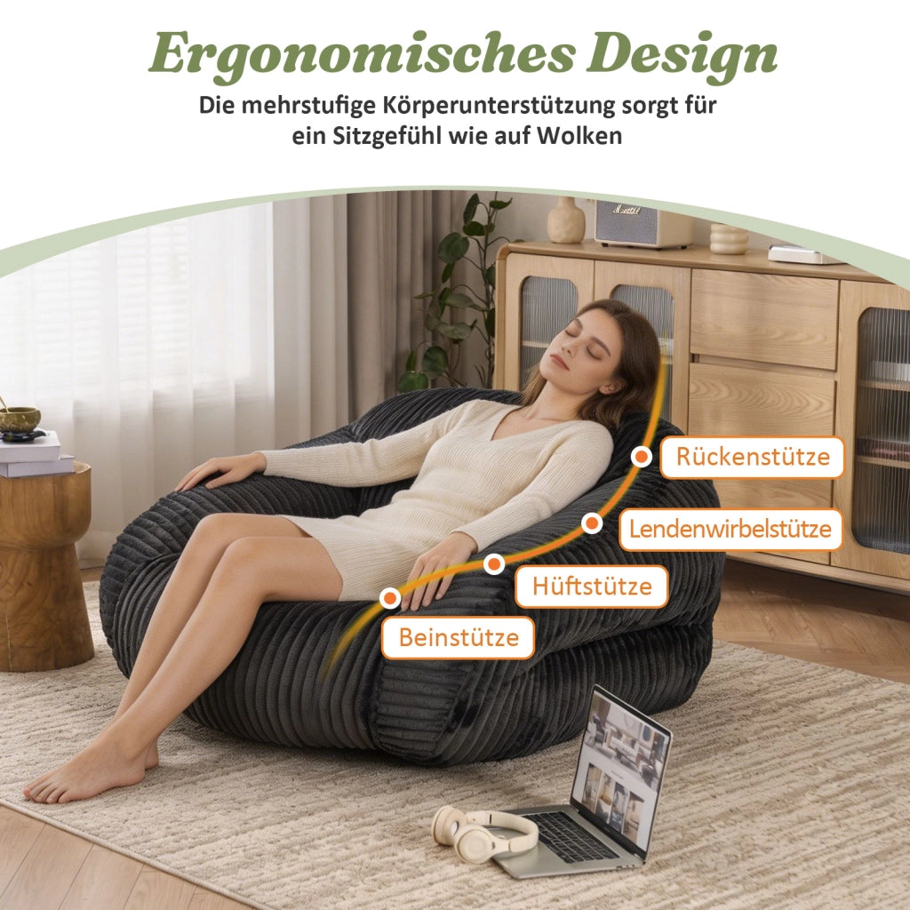 Pouf ergonomico con schienale sagomato e imbottitura in schiuma per salotto e camera, in velluto a coste grigio scuro