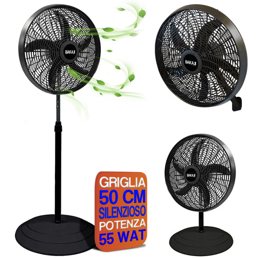 Ventilatore 3in1 Piantana Muro e Tavolo Base Tonda Antiribaltamento Griglia 50cm