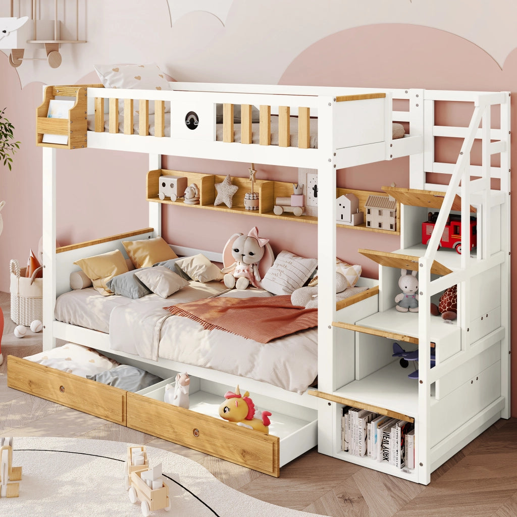 Letto a Castello 90x200 cm; Letto Singolo 2 Posti; Scala Contenitore; 2 Cassetti; Bianco e Naturale