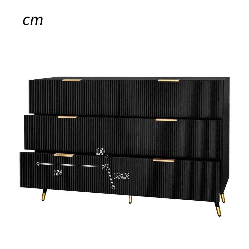 Credenza con 6 Cassetti e Piedini 15 cm; Frontale Ondulato; Stile Moderno; in Pannello Truciolare; Nero; 120??40??77 cm