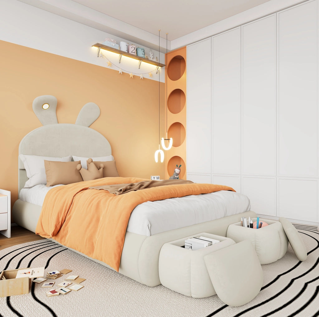 Letto imbottito 90x200 cm beige in velluto con LED e 2 pouf contenitore