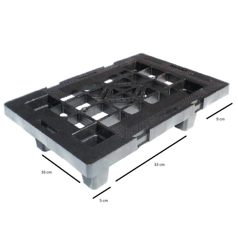 Pallet in plastica riciclata (PP), Mis. 400 L x 600 P x 124 H mm, con 4 piedi, piano forato, portata statica 500 Kg, portata dinamica 400 Kg