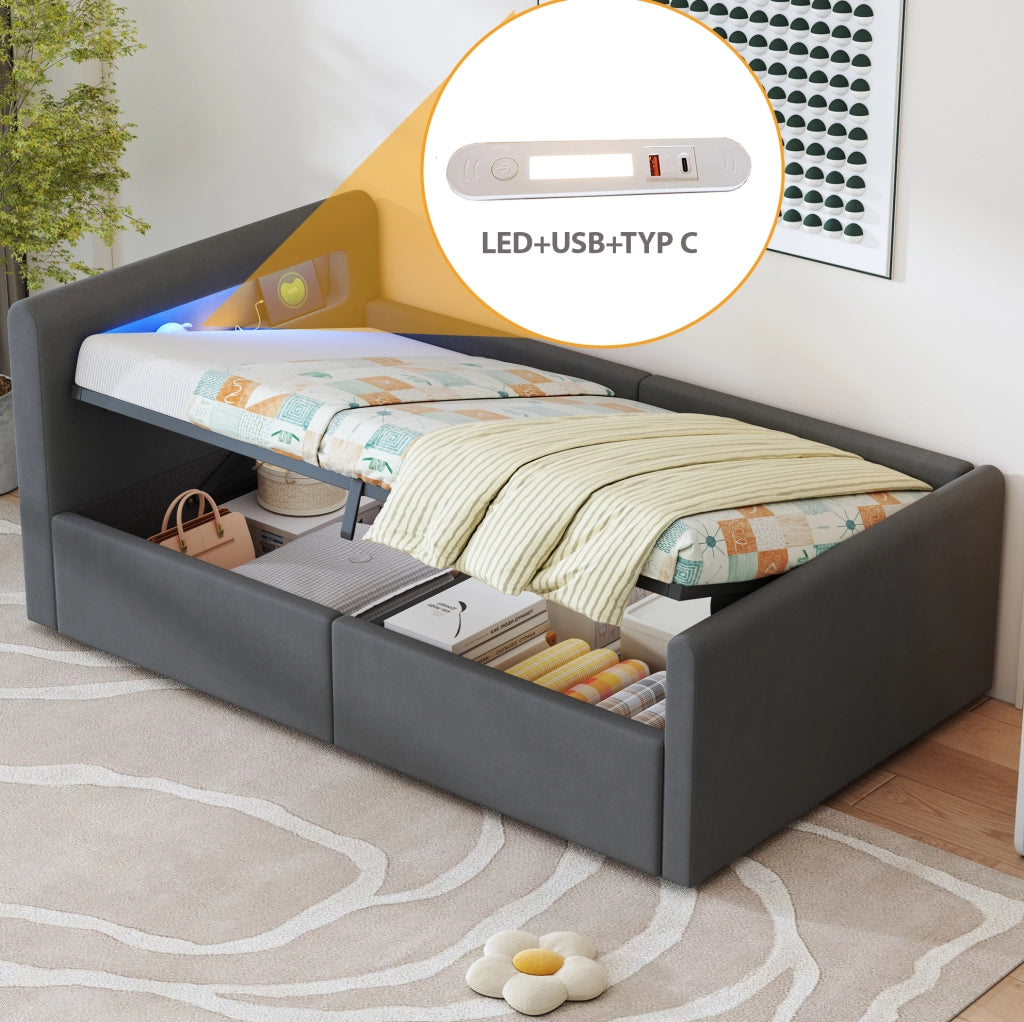 Letto imbottito per bambini 90x200 cm con LED; USB; contenitore e schienale reversibile; grigio