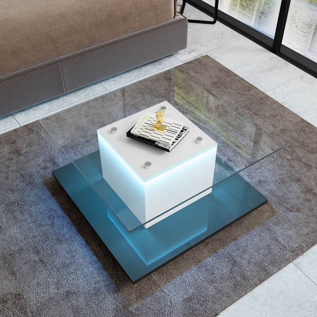 Tavolino basso fisso con piano in vetro temperato; LED regolabile e ruote piroettanti per soggiorno; 80×80×40 cm