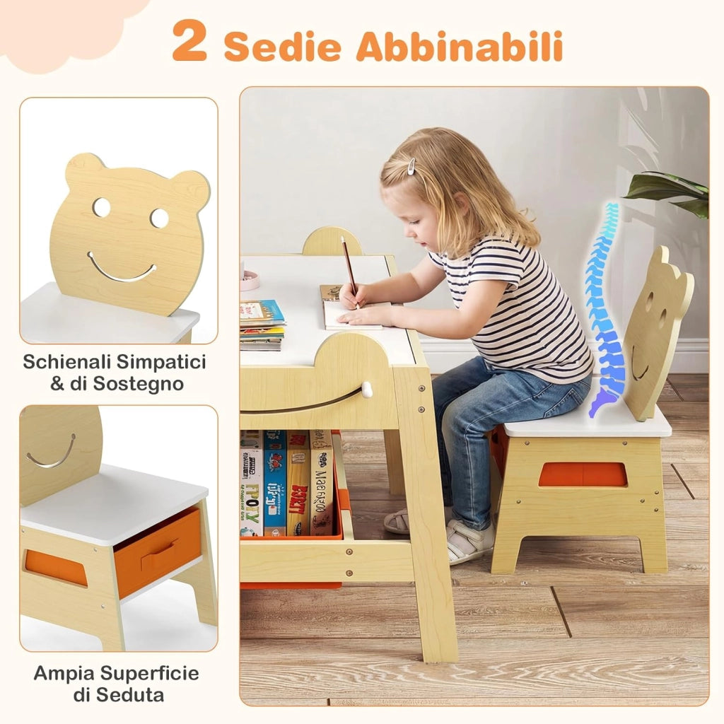 Set Tavolo e 2 Sedie per Bambini, 5 in 1 Tavolino e Sedie con 4 Ganci, 3 Scatole in Tessuto e Lavagna Reversibile per Bambini 3+ Anni per Cameretta Ragazzi (Naturale, Stile 5)