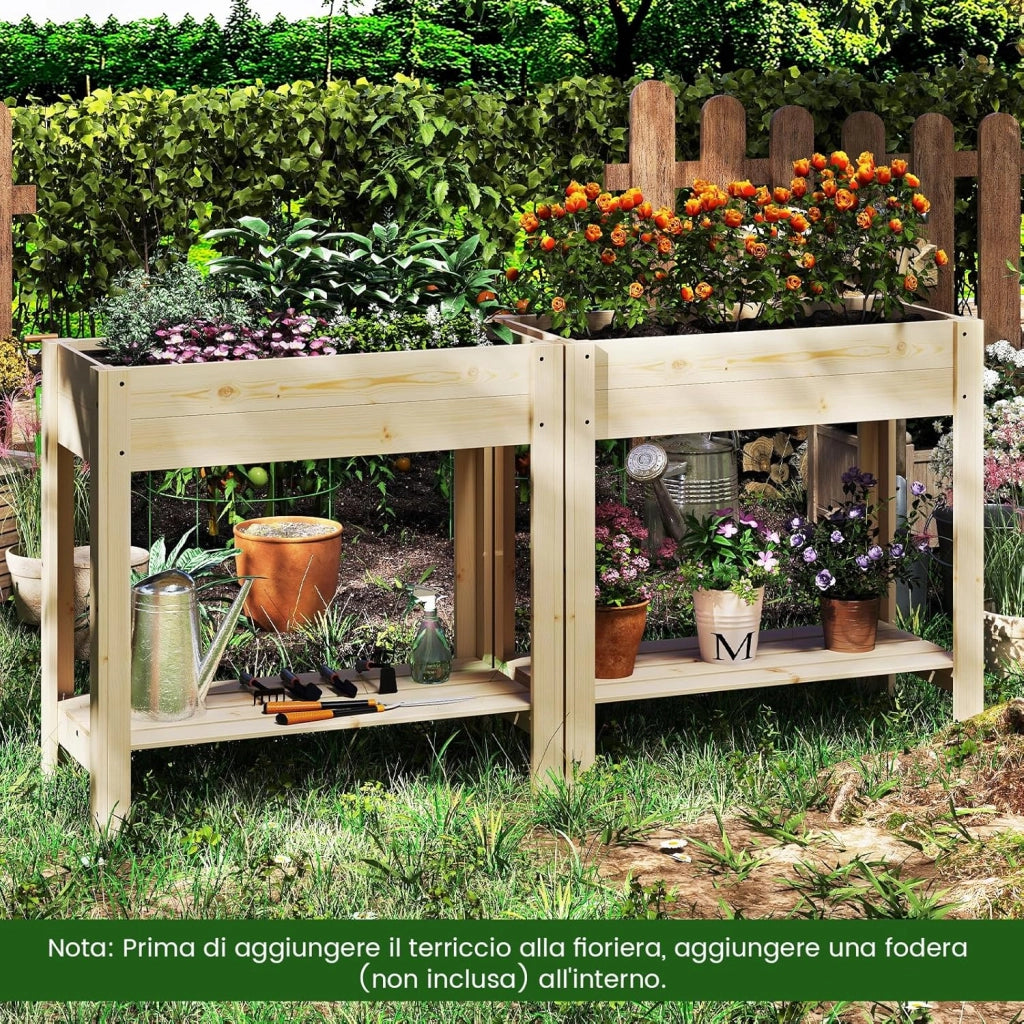 Letto da Giardino Rialzato in Legno, Fioriera Elevata con Ripiano, Drenaggio, Contenitore per Fiori, Erbe e Frutta, Scatola da Giardinaggio per Interno ed Esterno, 81x37x77CM
