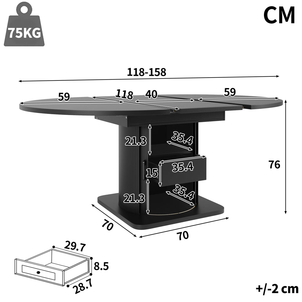 Tavolo da pranzo estensibile a 4 modalità con spazio contenitivo; per cucina e soggiorno; in MDF nero; 118 × 118 × 76 cm