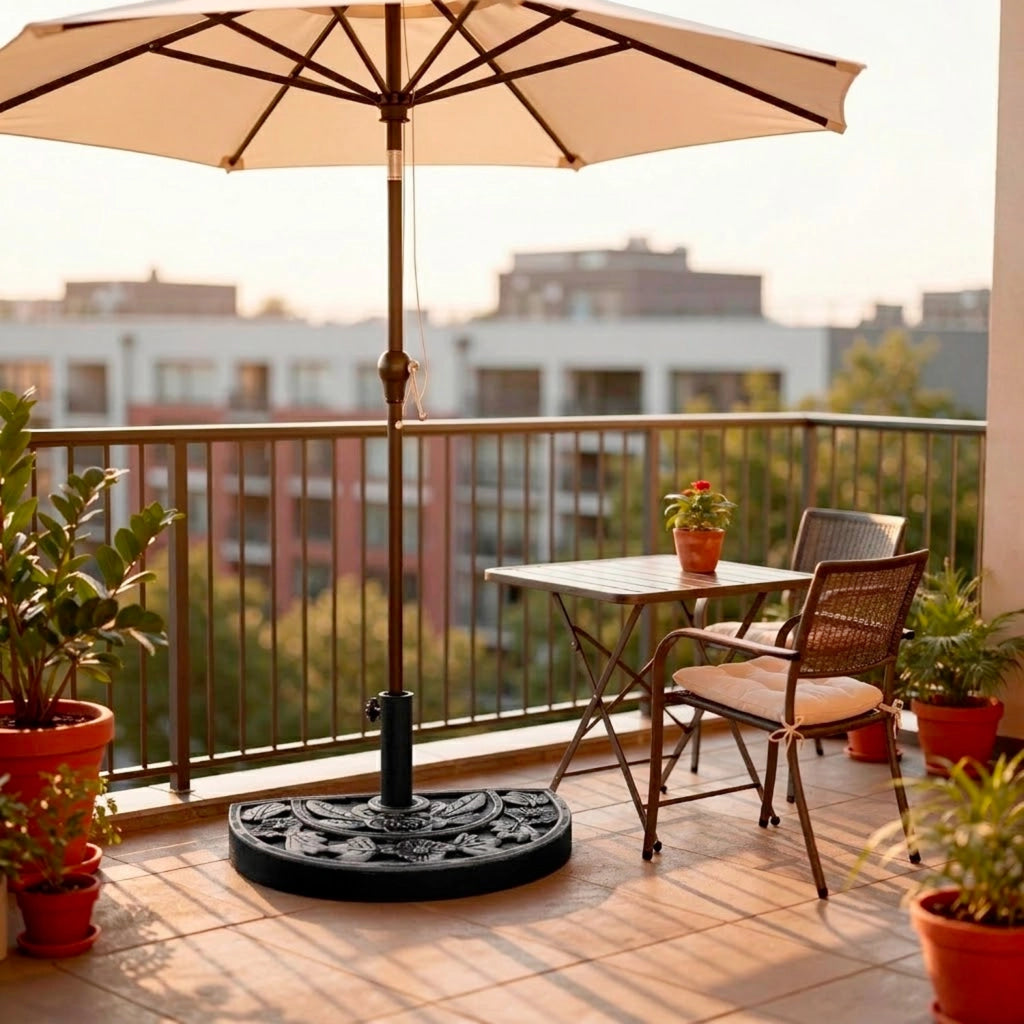 Base Ombrellone Semicircolare Motivo Floreale In Cemento HDPE E Metallo Supporto Per Palo Ø 38/48 Mm Ideale per Balcone Terrazza Giardino Resistente Intemperie 50 x 31 x 7 Cm Nero