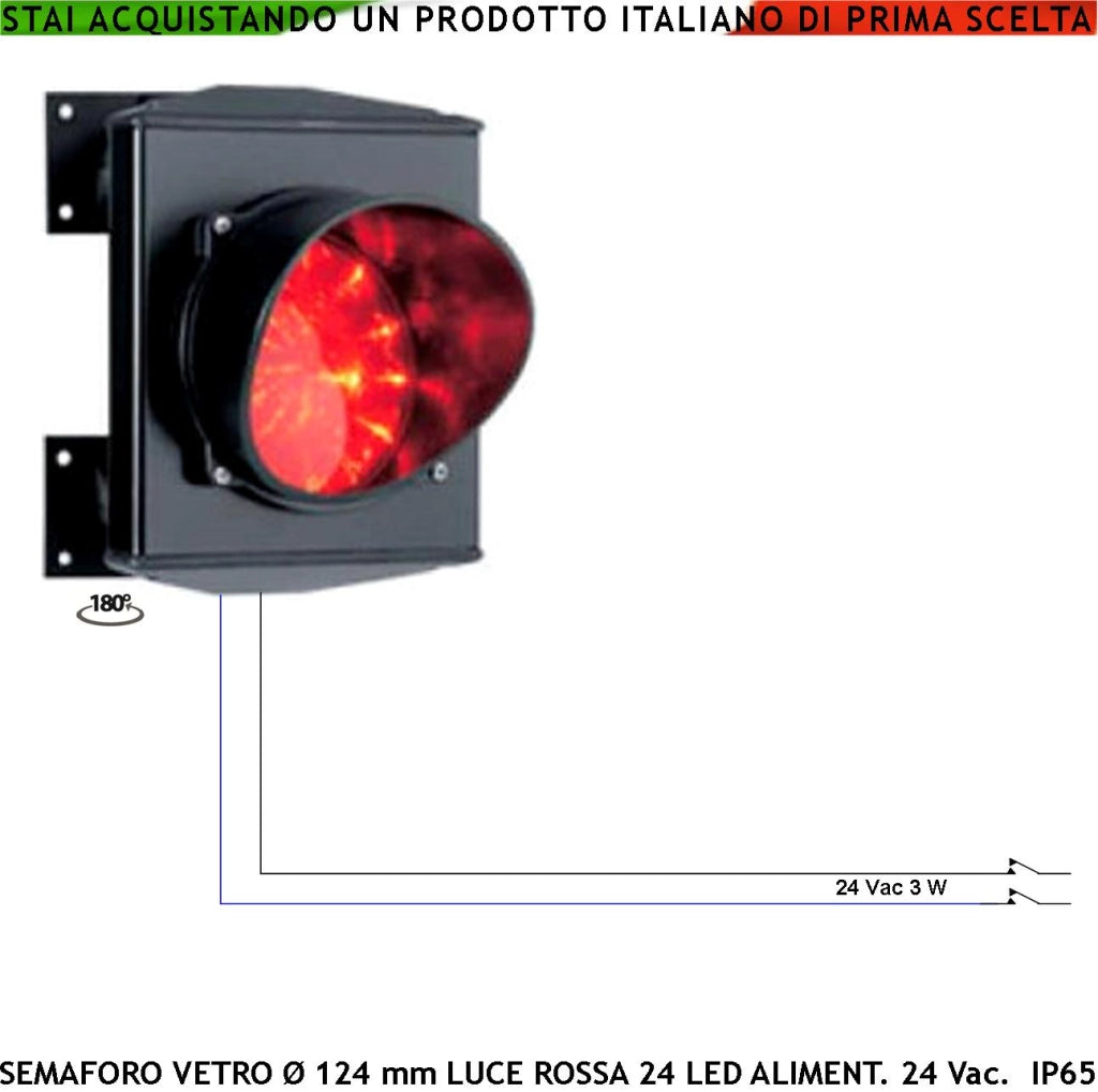 Garage Semaforo Luce Rossa Puntiforme 24 Led Rossi Gestito da Presidio Operatore Alimentazione 24 Vac 3 W Vetro Effetto Lente Ø 124 mm Cover Alluminio IP65 Supporti di Fissaggio ABS Orientabile 180°