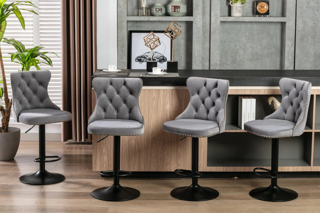 Sgabello da bar girevole in velluto con altezza regolabile, schienale ergonomico e base cromata stabile, grigio