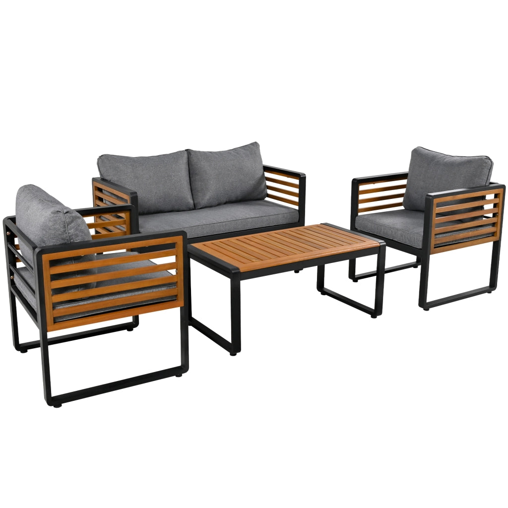 Set Salotto da Giardino 4 Pezzi con Divano, Sedie e Tavolo ¨C MINIMAL ¨C Grigio, Acciaio, Braccioli in Legno