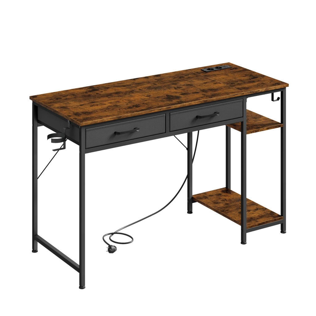 Scrivania con 2 cassetti, prese e porte USB, ripiano laterale, in legno ingegnerizzato e metallo marrone rustico