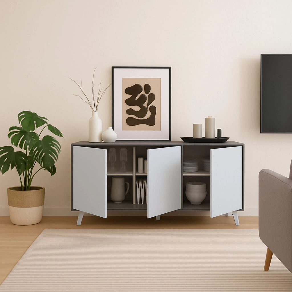 Credenza Annina, Buffet da soggiorno, Madia da salotto, Dispensa da cucina, 154x40h72 cm, Grigio chiaro e Bianco