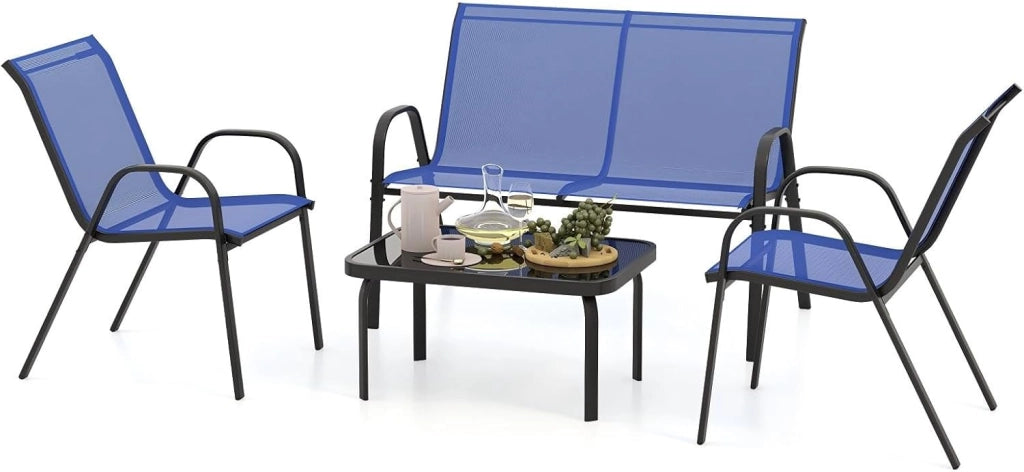 Set Tavolo e Poltrona da Giardino, Set di Mobili 4 Pezzi per Esterno, con Tavolino in Vetro Temperato, Panca e 2 Poltrone, per Giardino Balcone Piscina (Blu)