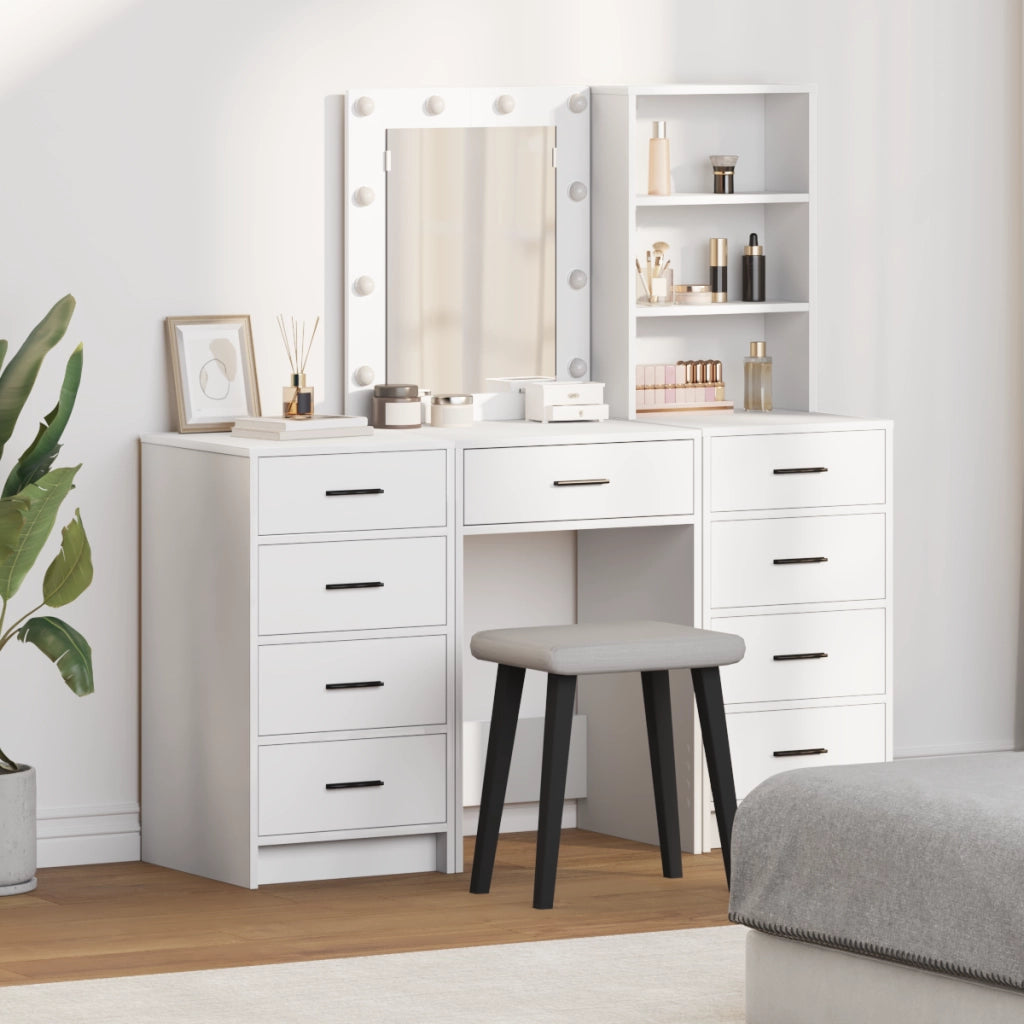 Set da Toeletta a 3 Pezzi con LED in Legno Ingegnerizzato Bianco