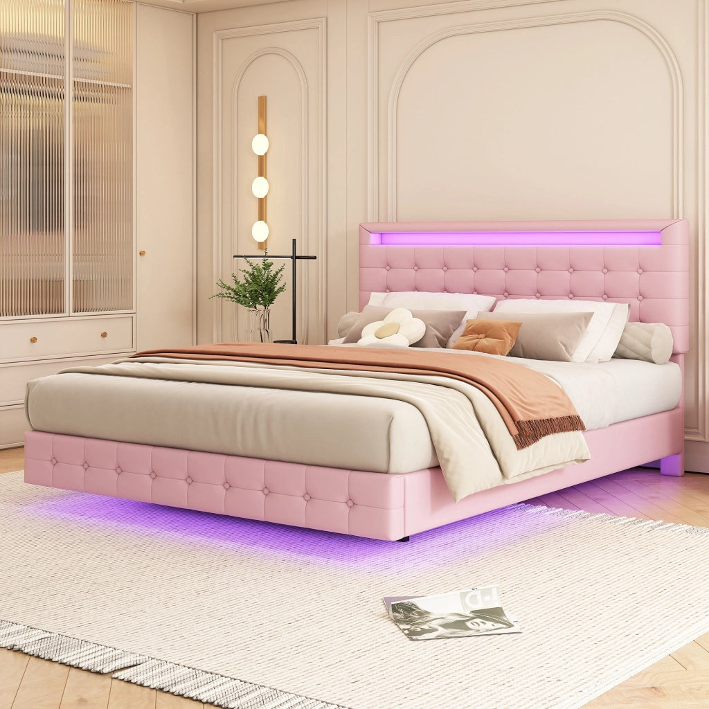 LETTO fluttuante 140x200 cm PU rosa con LED e testiera regolabile