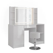 Vicco Tavolo da toeletta Bianco/bianco lucido 128.2 cm con specchio LED e sgabello