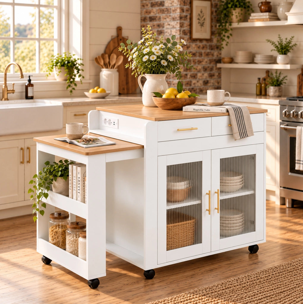 Isola cucina mobile con piano allungabile 116/177 cm; prese EU e USB; bianca