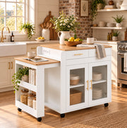 Isola cucina mobile con piano allungabile 116/177 cm; prese EU e USB; bianca