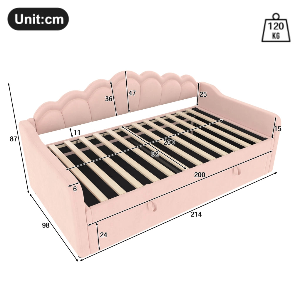 Divano letto singolo 90x200 cm in velluto rosa con contenitore; LED e testiera ondulata
