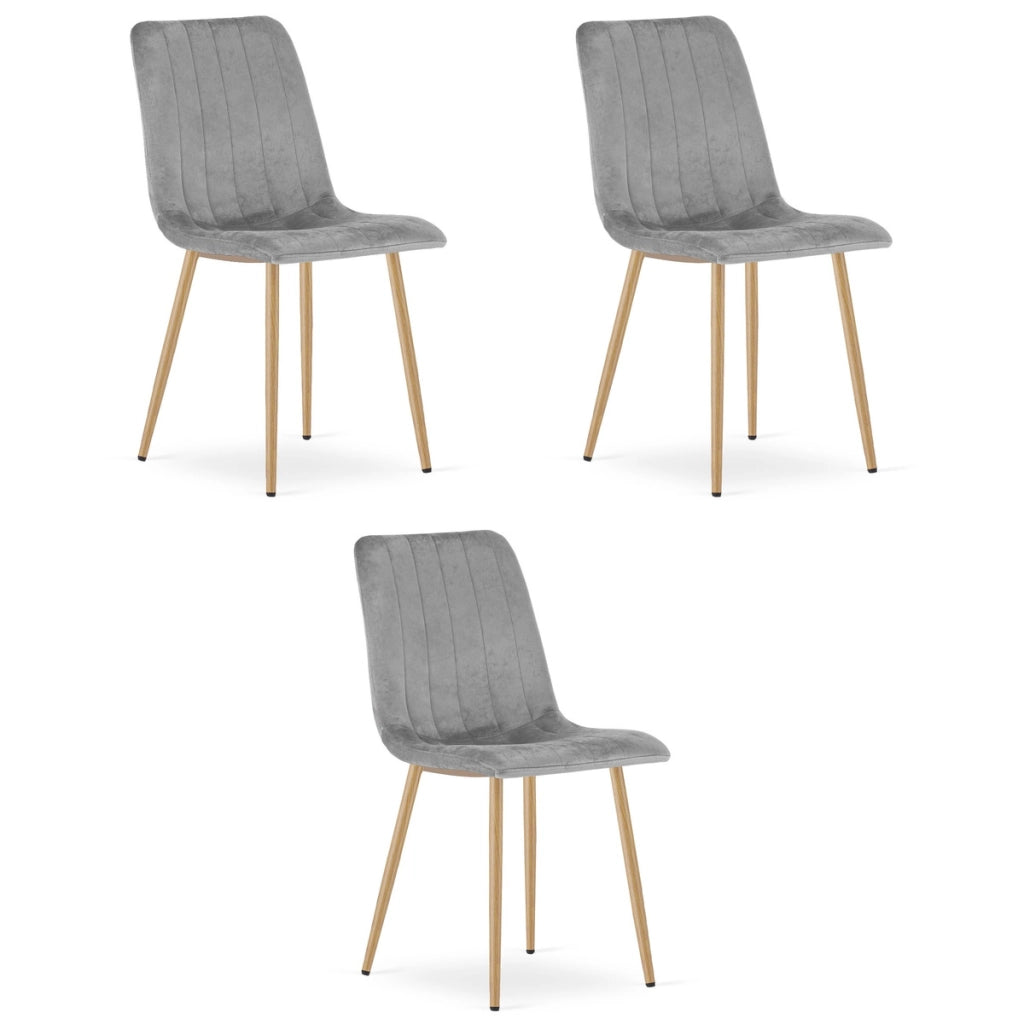Set di 3 Sedie Lava in Velluto Grigio e Gambe Effetto Legno