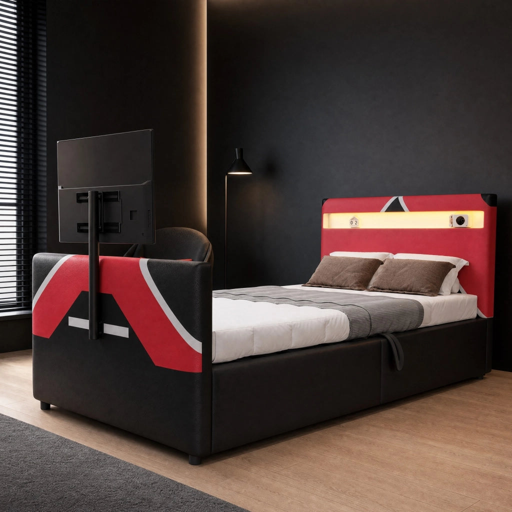 Letto imbottito per bambini 90x200 cm in stile e-sport con LED; TV e contenitore; nero
