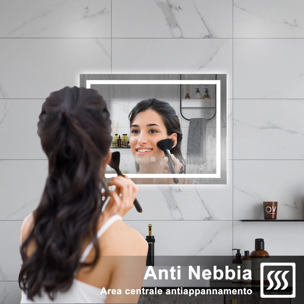 AICA Specchio da bagno  80 x 60 cm, dimmerabile, interruttore touch, Funzione Memoria, antiappannamento