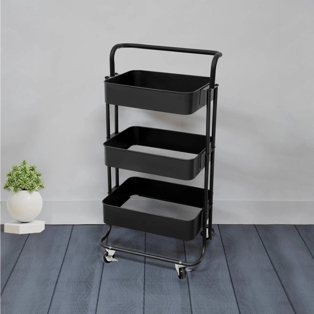 Trade Shop - Carrello Multiuso In Metallo A 3 Ripiani 4 Ruote Piroettanti Con Bloccaggio Portaoggetti -