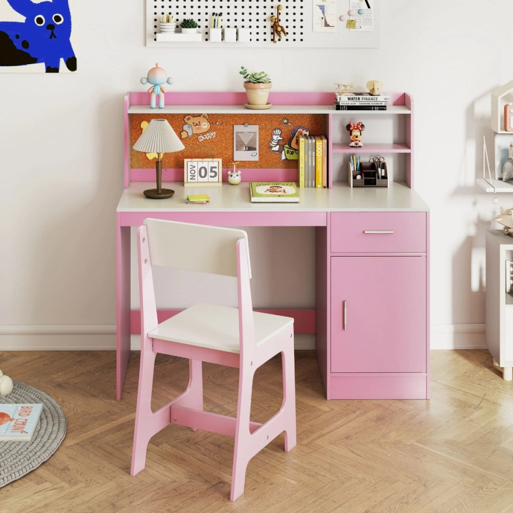 Set scrivania e sedia per studenti con mensole e cassetto, Tavolo e sedia per camera da letto e asilo nido Rosa