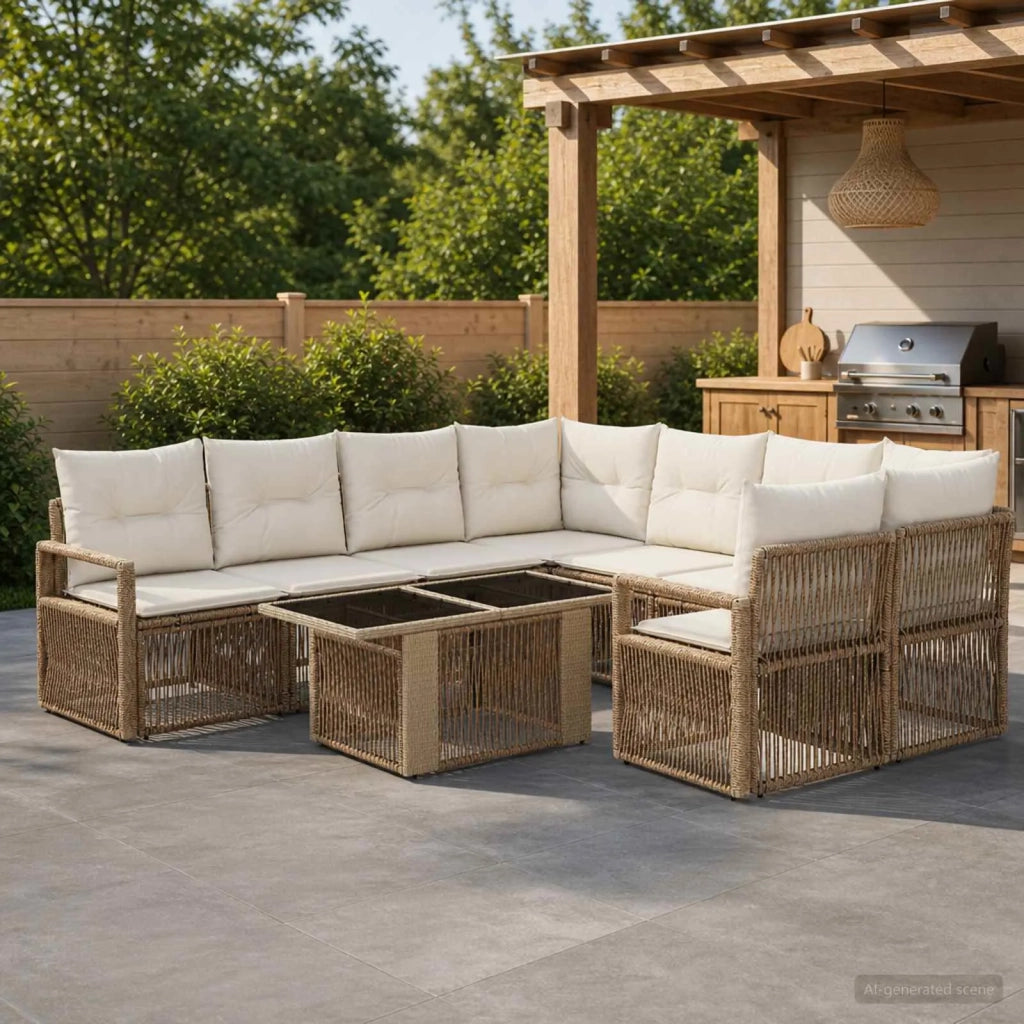 Set Divano da Giardino 9 pz Beige e Bianco Crema polyrattan 3437070
