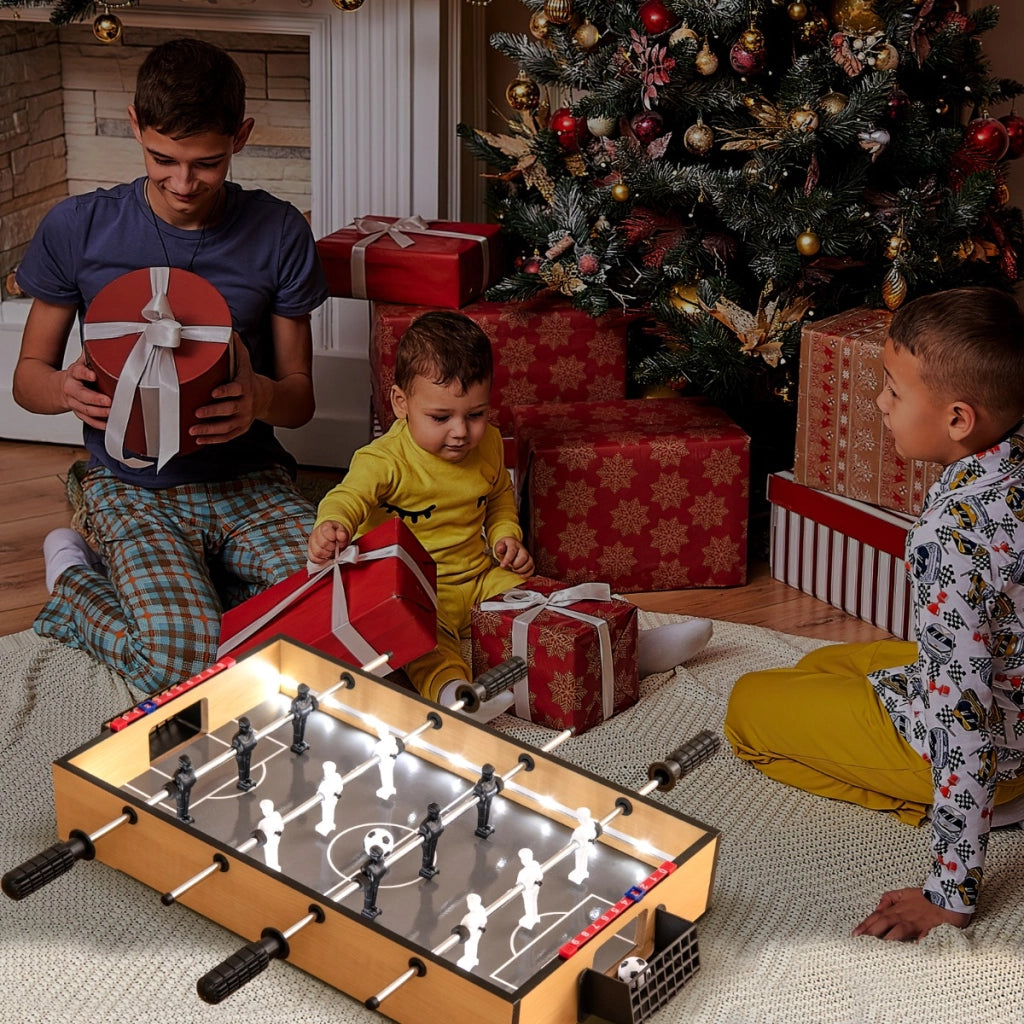 Tavolo da calcio da gioco con LED da 51 cm salvaspazio con maniglia antiscivolo 2 palloni, Tavolo da calcio Naturale-Stanza dei giochi