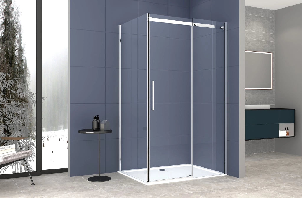 Box Doccia 2 lati 100x160 cm SENZA TELAIO H200 cm da 8mm: lato fisso + porta scorrevole FIORE Satinato