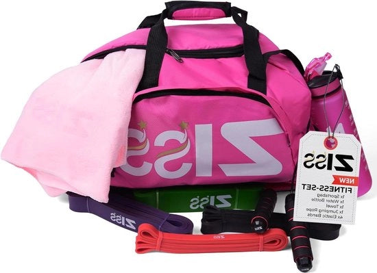 Set di allenamento fitness - nero o rosa - borsa con diverse tasche - asciugamano in microfibra - palla elastica - 4 elastici di resistenza - bottiglia da 1 litro