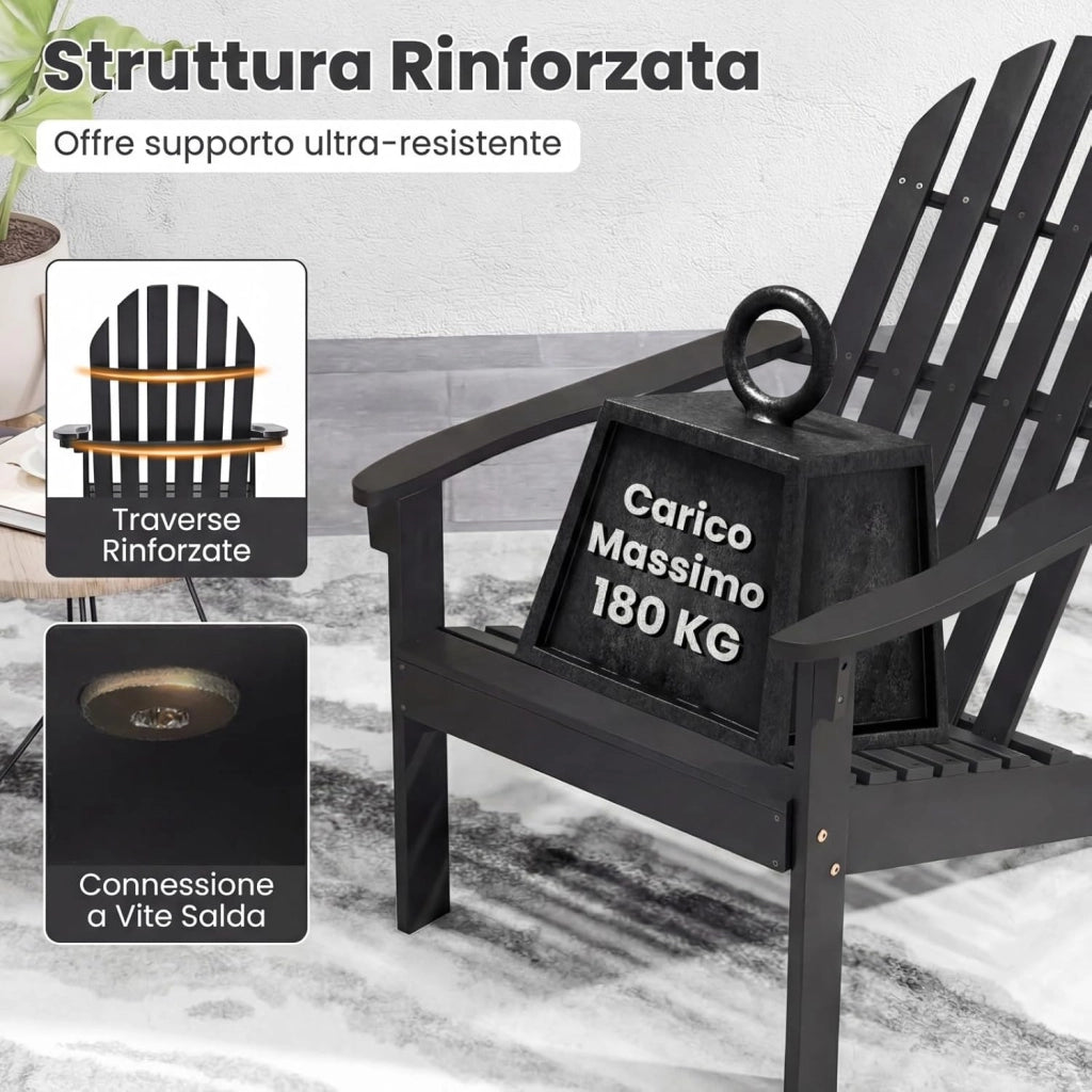 Adirondack-Sedia Giardino in Legno, Poltrona Esterno con Schienale Alta, Sedia a Sdraio Prendisole per Spiaggia Cortile Balcone, Portata 180 kg (Nero, 66 x 93 x 86 cm)