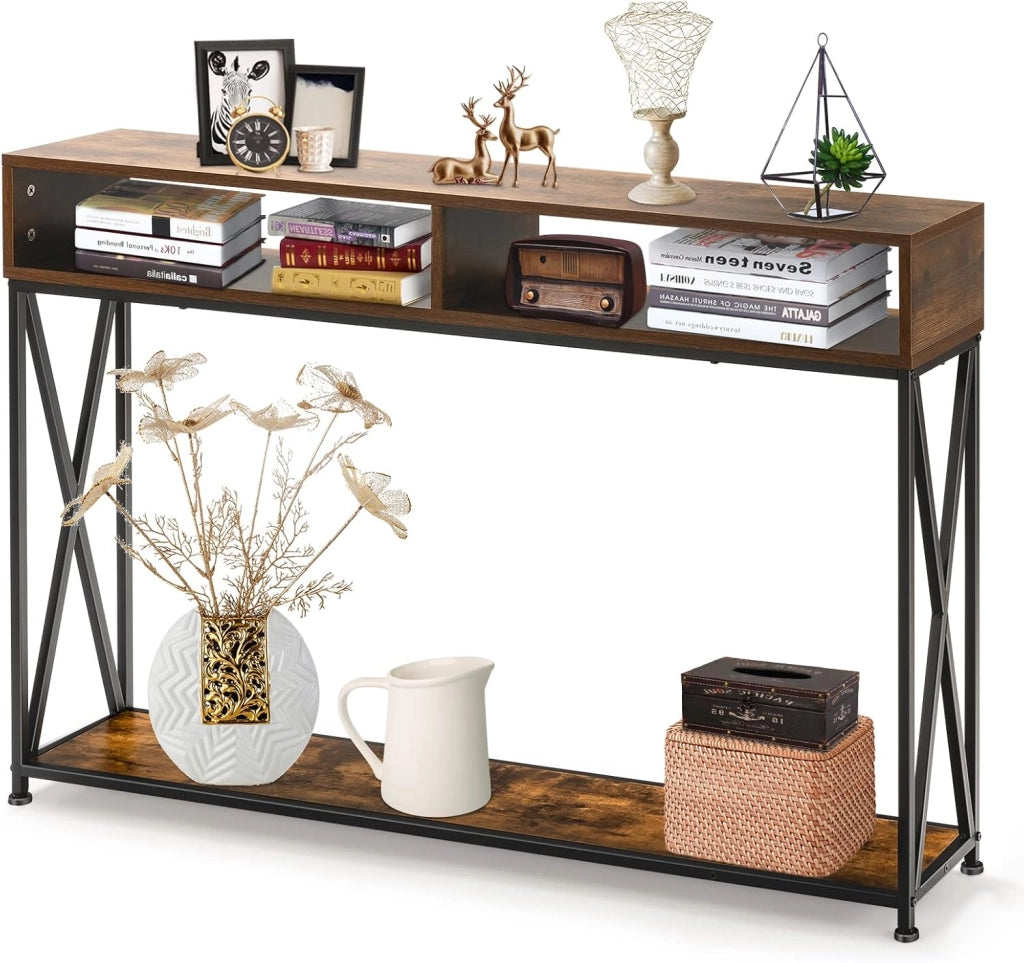 Tavolo Consolle Ingresso, Tavolini Stretto a 3 Ripiani, Salvaspazio e Multiuso, in Ferro, Industriale, Portata di 45 kg, 120x23x79cm, 3 Colori Disponibili, Nero/Bianco/Marrone