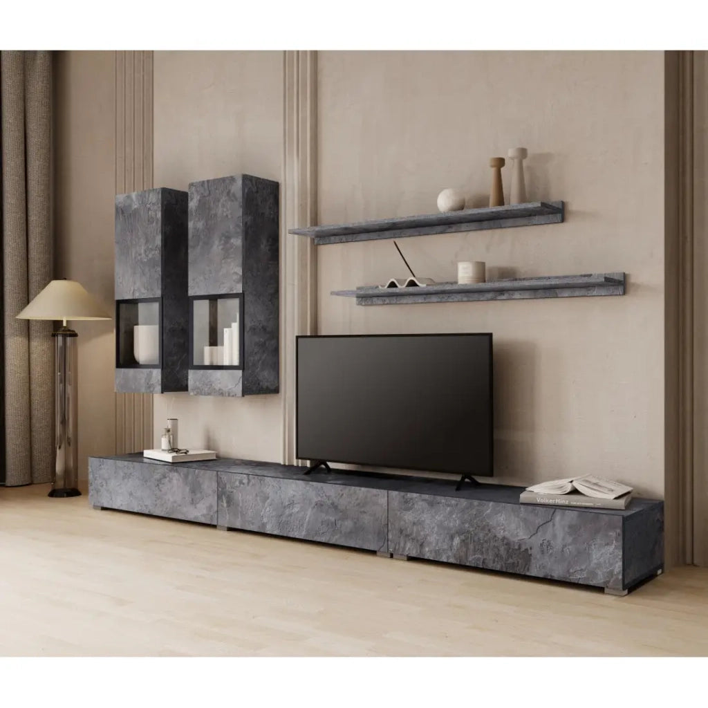 Set di mobili da salotto RAMOS – Effetto ardesia grigia – LED multicolori integrati