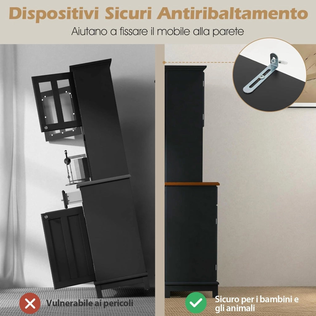 Credenza da Cucina, Armadietto Dispensa da Cucina Alto con Ante in Vetro Temperato, Portabottiglie, Ripiani Regolabili, Mobile Moderno per Cucina con 3 Cassetti e Ripiani Aperti (Nero)