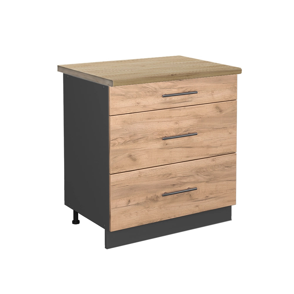 Mobiletto base per cucina Fame-Line Rovere dorato/Antracite 80 cm con 3 cassetti, PL Rovere Vicco
