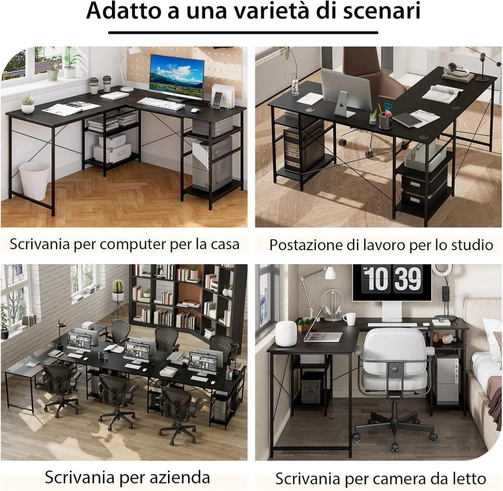 Scrivania Angolare per Computer con Supporto per Monitor, Scrivania Porta PC in Legno, Scrivania Salvaspazio e Moderna per Ufficio e Studio, 242 x 60 x 75 cm (Nero)