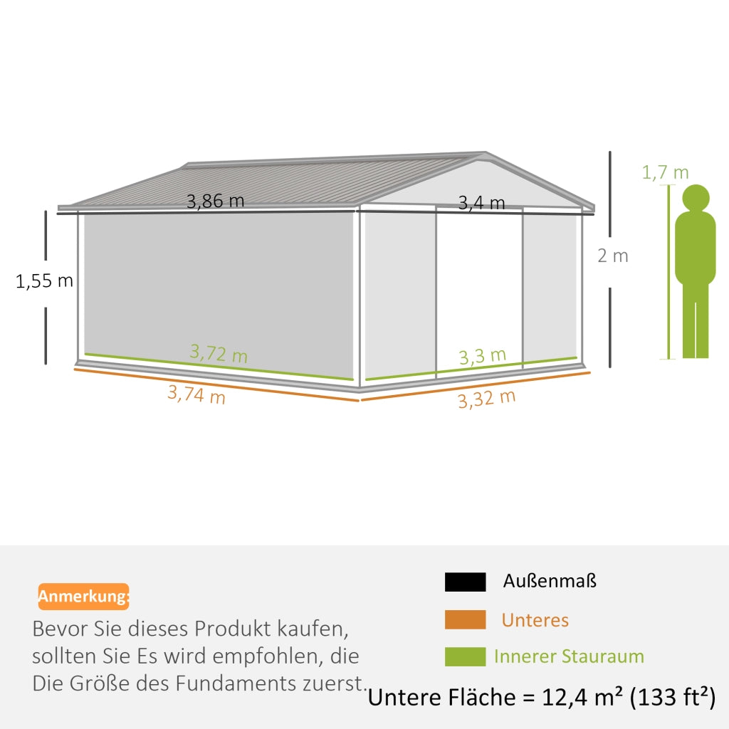 CASA DA GIARDINO 340 x 386 x 200 cm In Acciaio Verde Scuro con porte scorrevoli