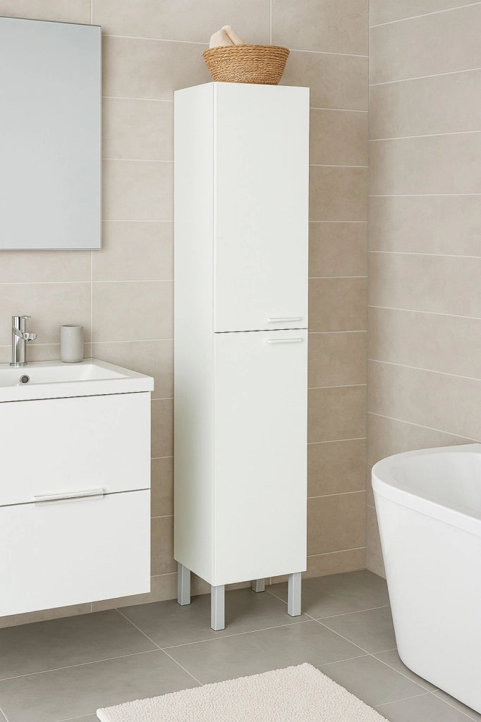 Colonna Bagno Ark, Mobile a colonna per bagno a 2 ante, Armadio pensile sospeso con 2 ripiani, cm 30x25h182, Bianco lucido