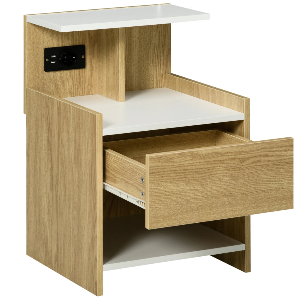 Comodino con USB, presa, cassetto e ripiani ¨C zephmum ¨C 40x40x60 cm, naturale