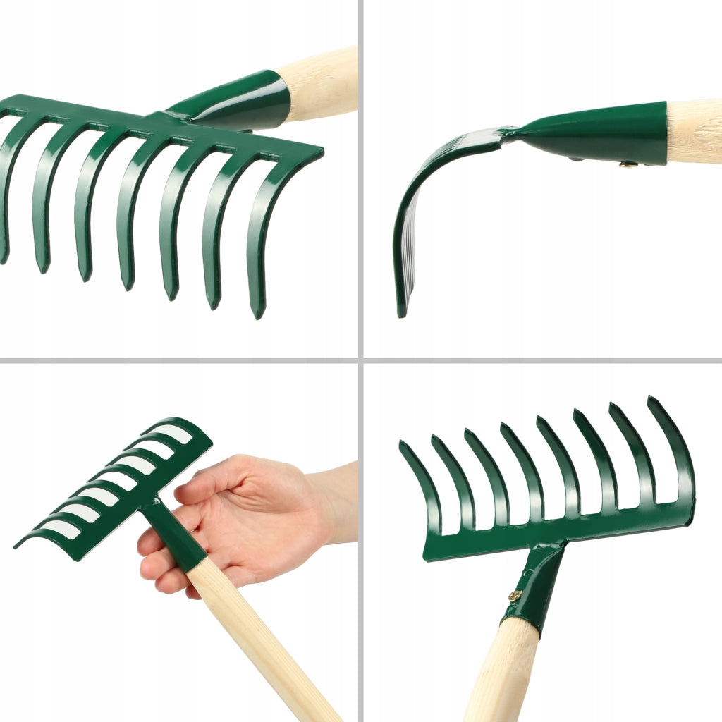 KADAX Piccolo rastrello per foglie ed erba da giardino, 36 cm, 8 denti, manico in legno